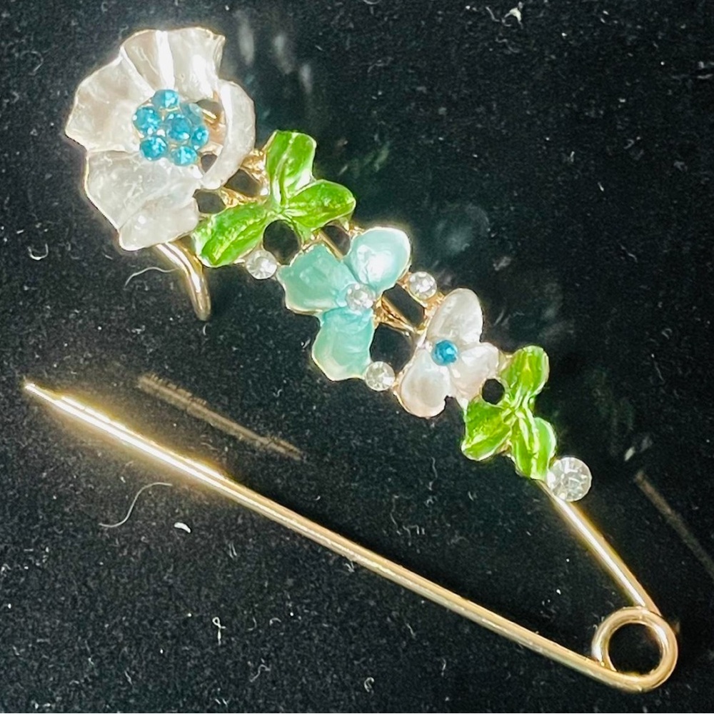 Floral Brooch with Green and Blue Accents